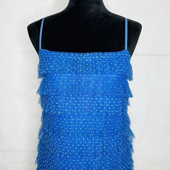 Lovers + Friends Jane Mini Dress Blue Tiered Tulle Polka Dot Size Medium Lined - Picture 2 of 10